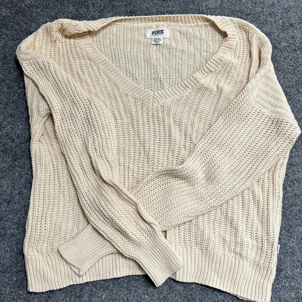 Pink Victoria's Secret Sweater Womens Size L Beige V-Neck Shaker Knit Pullover